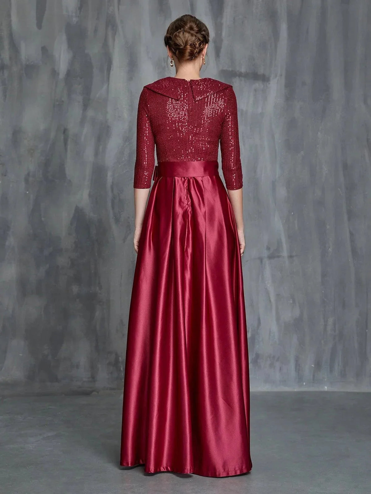 Graceful Stylish Refined Elegant Burgundy Satin A-Line Long Sleeve Floor-Length Prom Dress