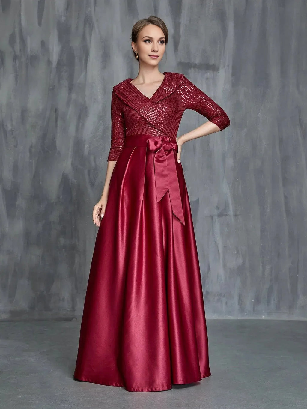 Graceful Stylish Refined Elegant Burgundy Satin A-Line Long Sleeve Floor-Length Prom Dress