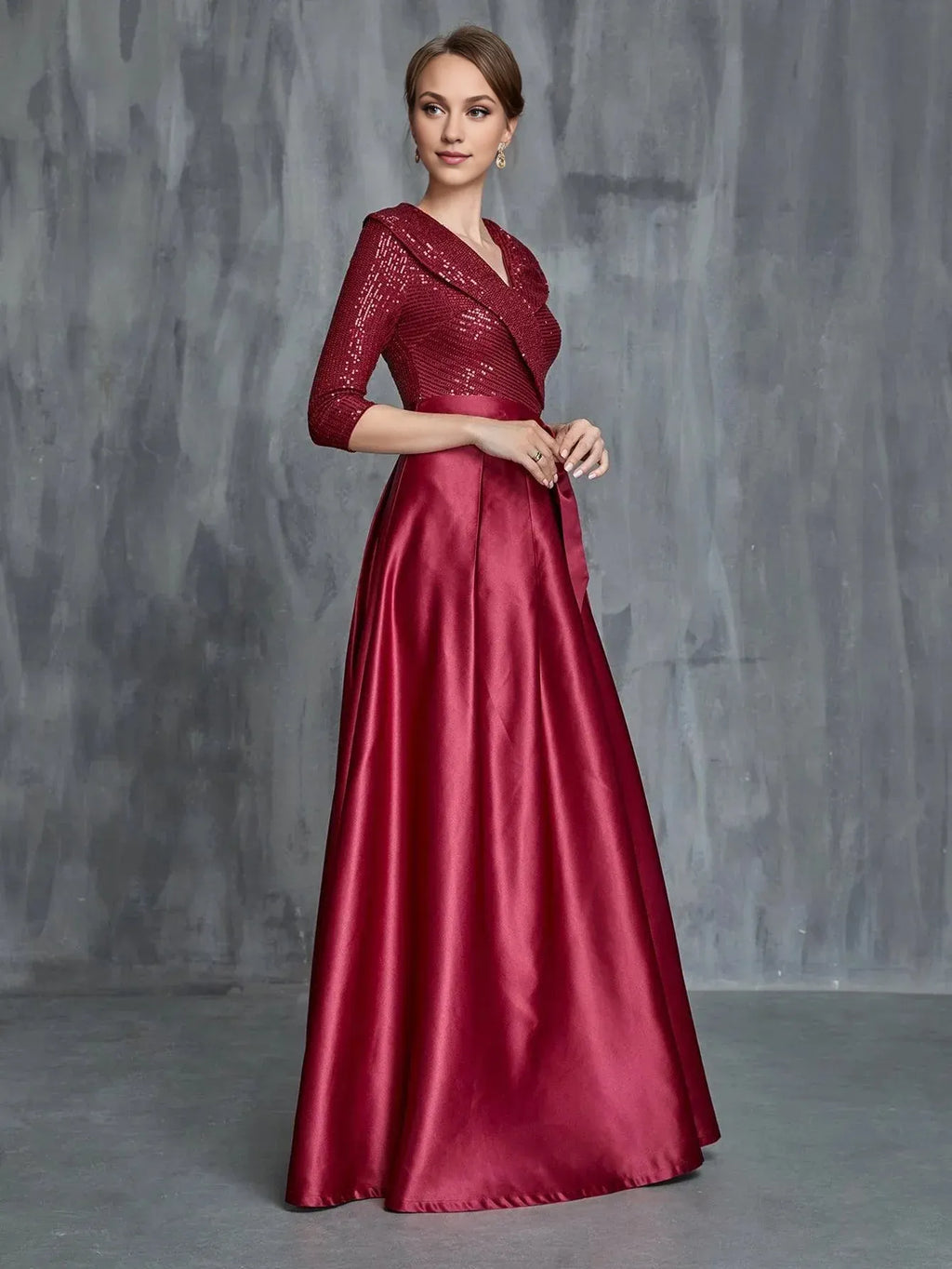 Graceful Stylish Refined Elegant Burgundy Satin A-Line Long Sleeve Floor-Length Prom Dress