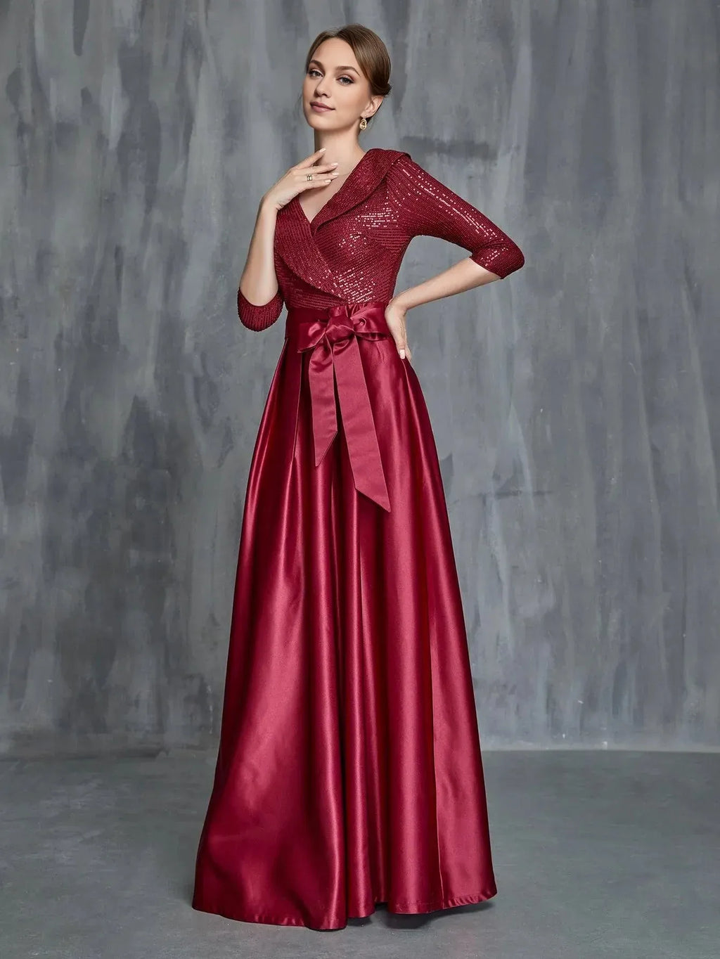 Graceful Stylish Refined Elegant Burgundy Satin A-Line Long Sleeve Floor-Length Prom Dress