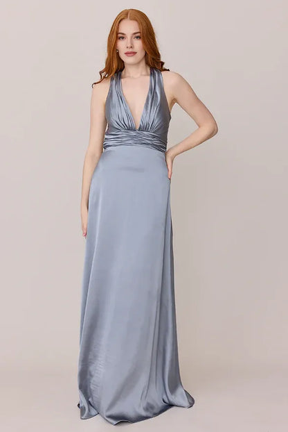 Sophisticated Graceful Stylish Elegant Dusty Blue Satin A-Line Sleeveless Floor-Length Prom Dress