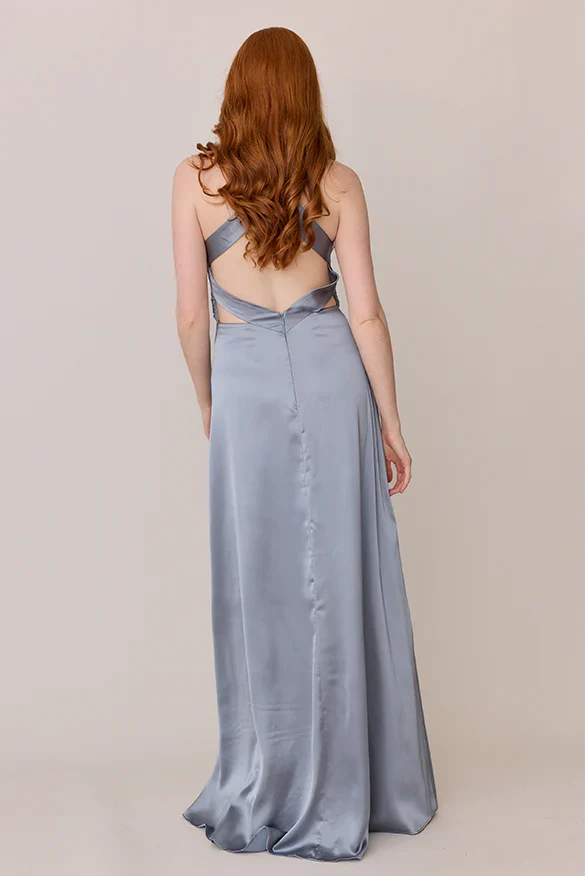 Sophisticated Graceful Stylish Elegant Dusty Blue Satin A-Line Sleeveless Floor-Length Prom Dress