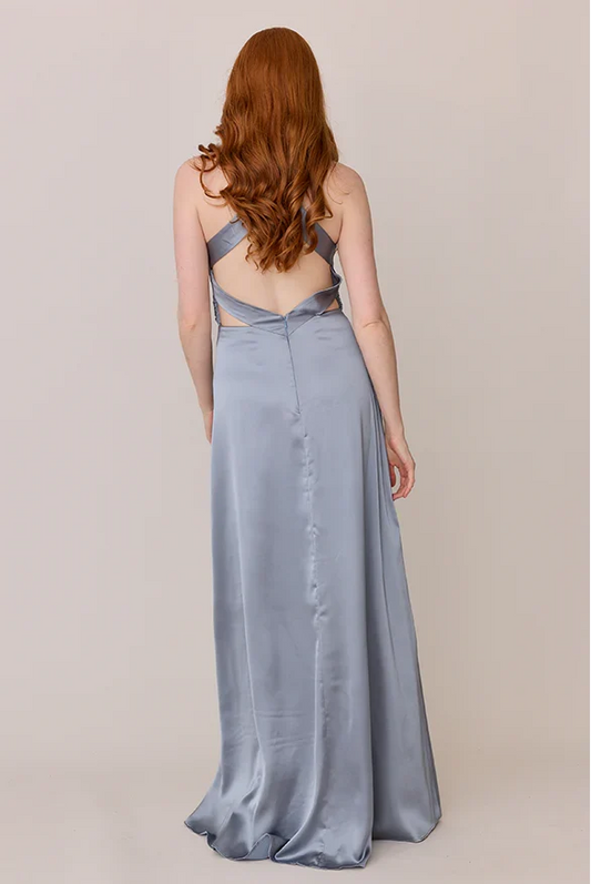 Sophisticated Graceful Stylish Elegant Dusty Blue Satin A-Line Sleeveless Floor-Length Prom Dress