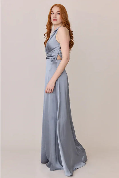 Sophisticated Graceful Stylish Elegant Dusty Blue Satin A-Line Sleeveless Floor-Length Prom Dress