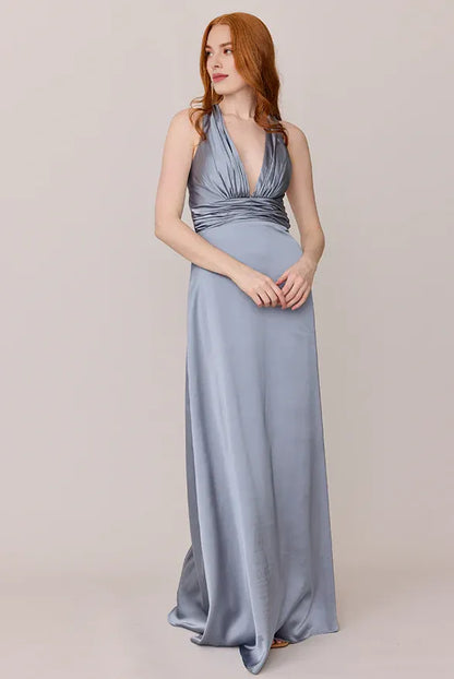 Sophisticated Graceful Stylish Elegant Dusty Blue Satin A-Line Sleeveless Floor-Length Prom Dress