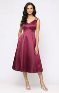 Graceful Elegant Burgundy Satin A-Line Backless Tea-Length Mother of the Bride Dress