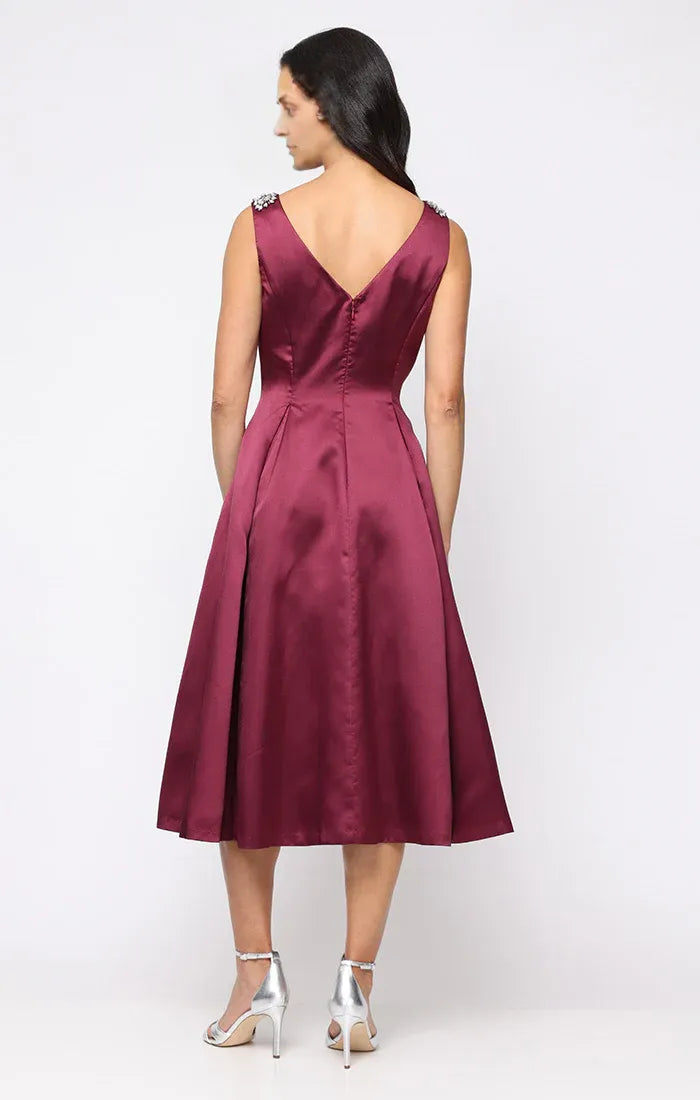 Graceful Elegant Burgundy Satin A-Line Backless Tea-Length Mother of the Bride Dress