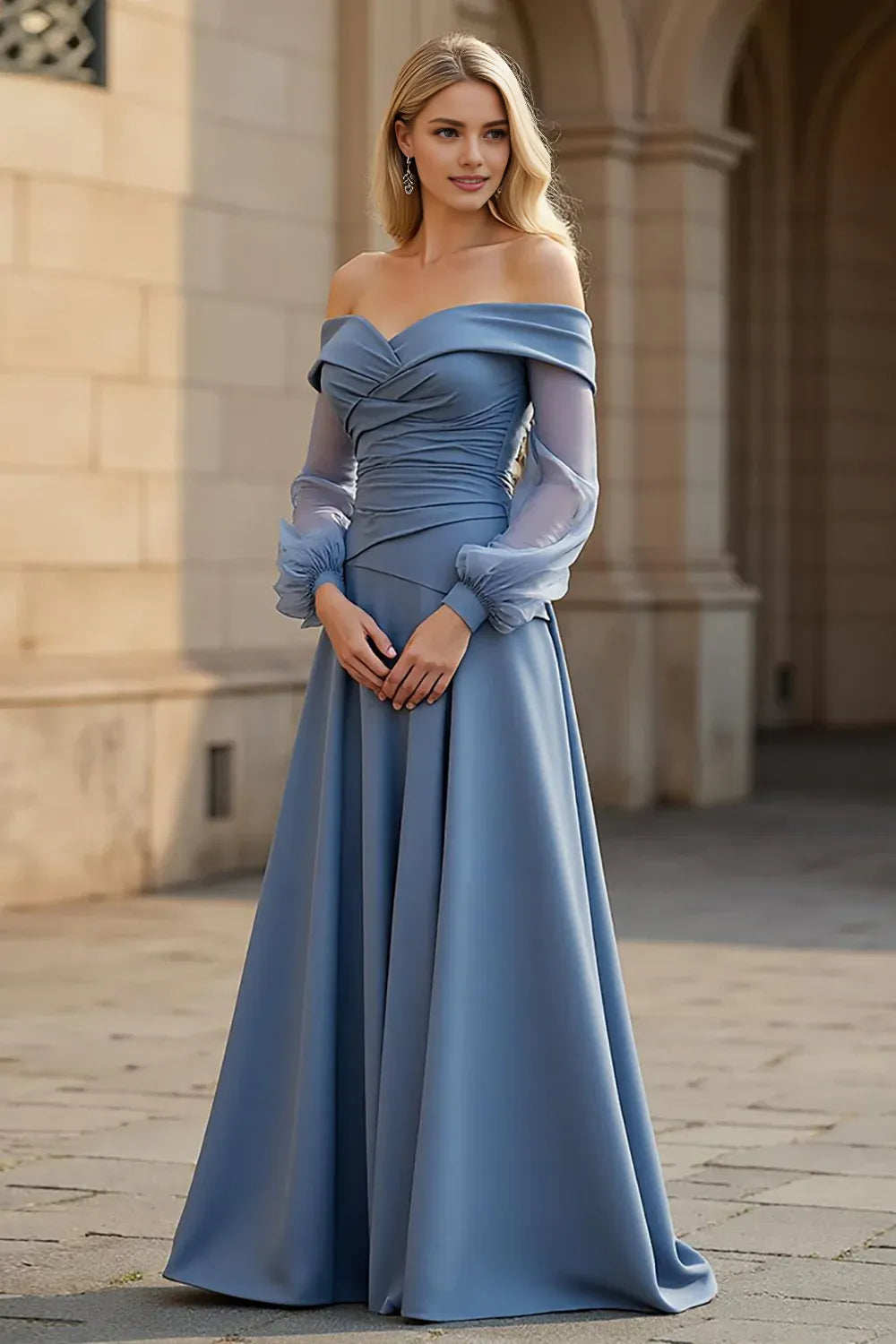 Stylish Refined Beautiful Elegant Dusty Blue Chiffon Long Sleeve Floor-Length Prom Dress