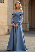 Stylish Refined Beautiful Elegant Dusty Blue Chiffon Long Sleeve Floor-Length Prom Dress