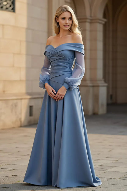 Stylish Refined Beautiful Elegant Dusty Blue Chiffon Long Sleeve Floor-Length Prom Dress