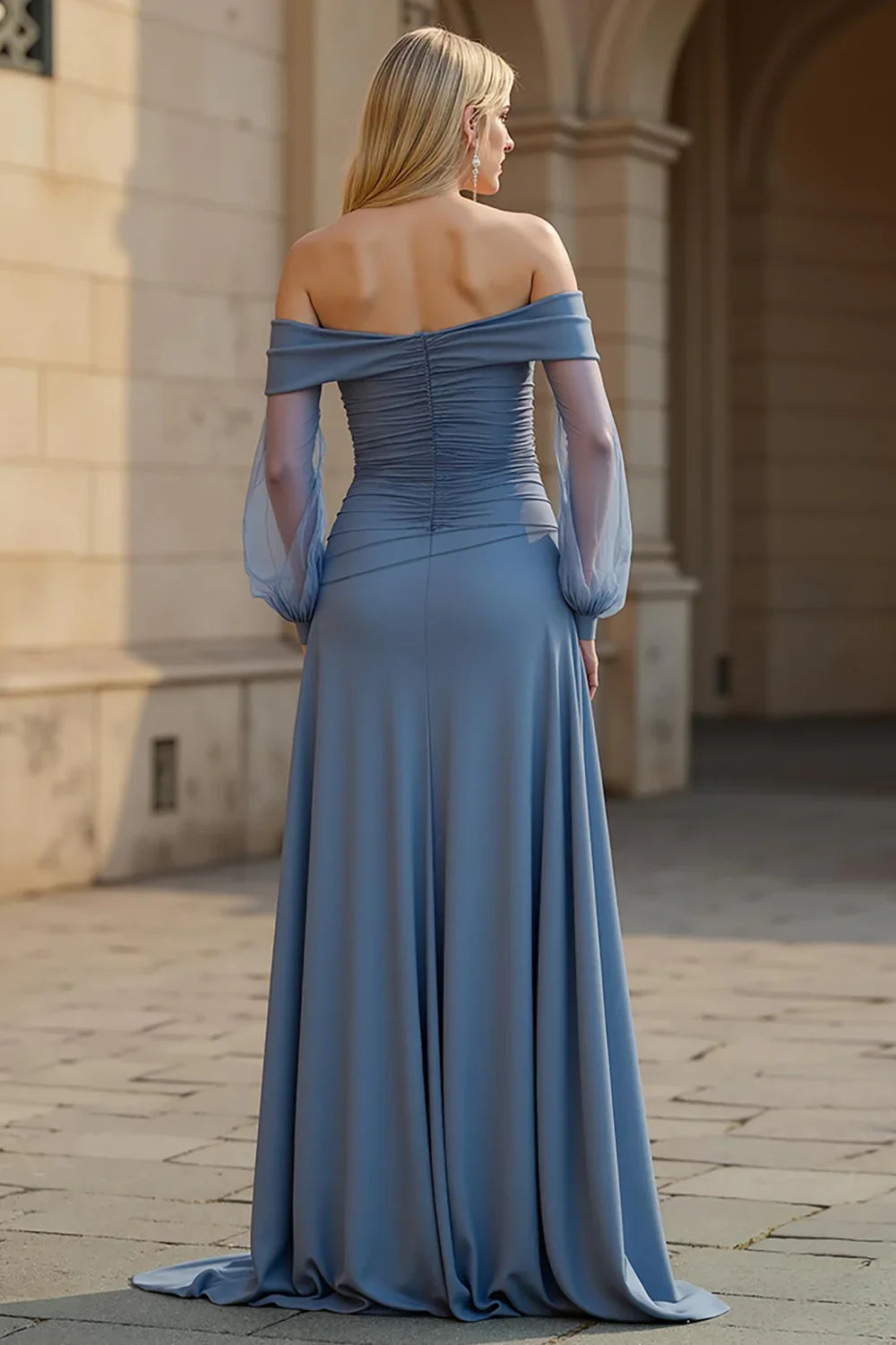 Stylish Refined Beautiful Elegant Dusty Blue Chiffon Long Sleeve Floor-Length Prom Dress