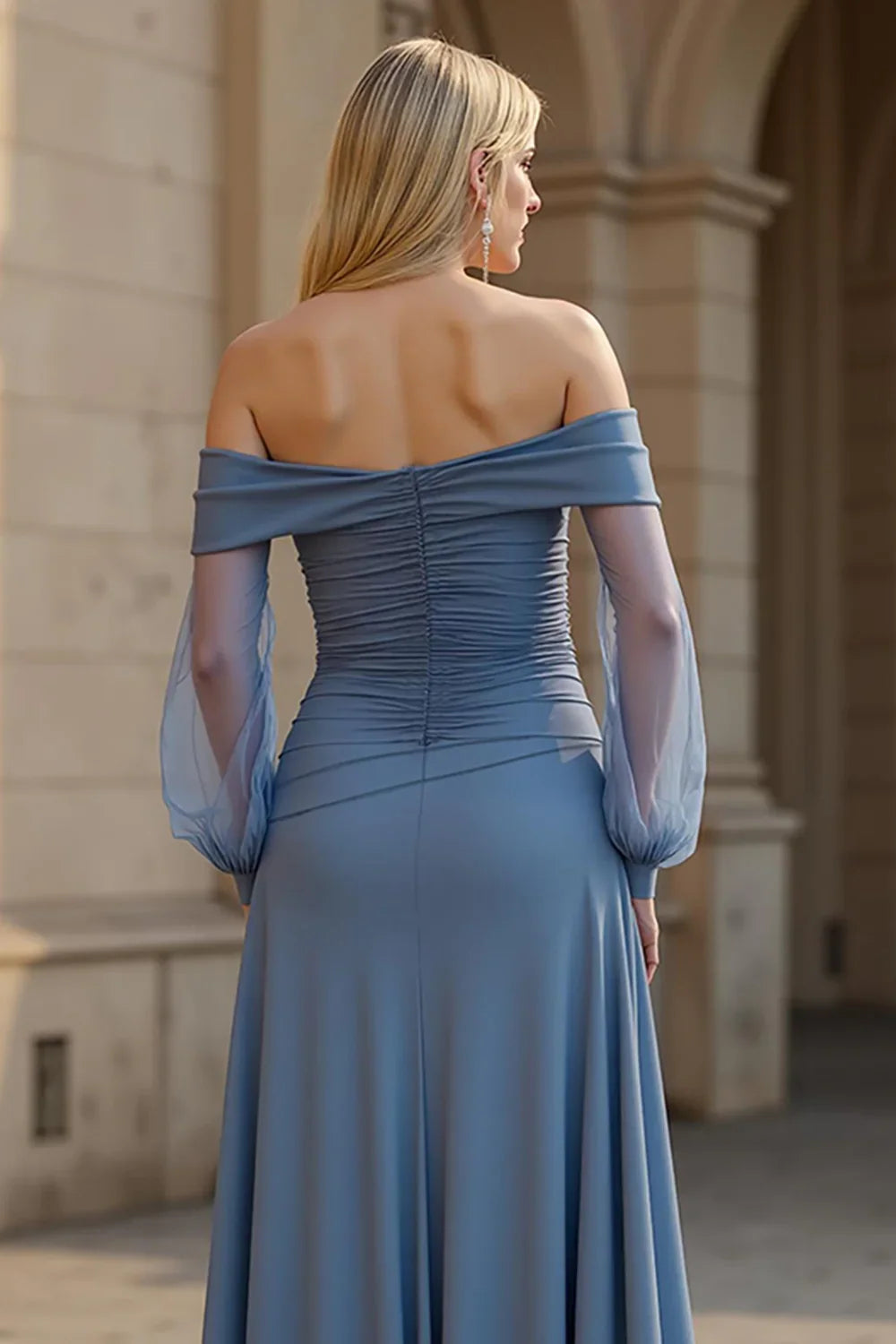 Stylish Refined Beautiful Elegant Dusty Blue Chiffon Long Sleeve Floor-Length Prom Dress