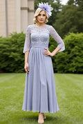 Elegant Light Blue Lace Long Sleeve Long Mother of the Bride Dress