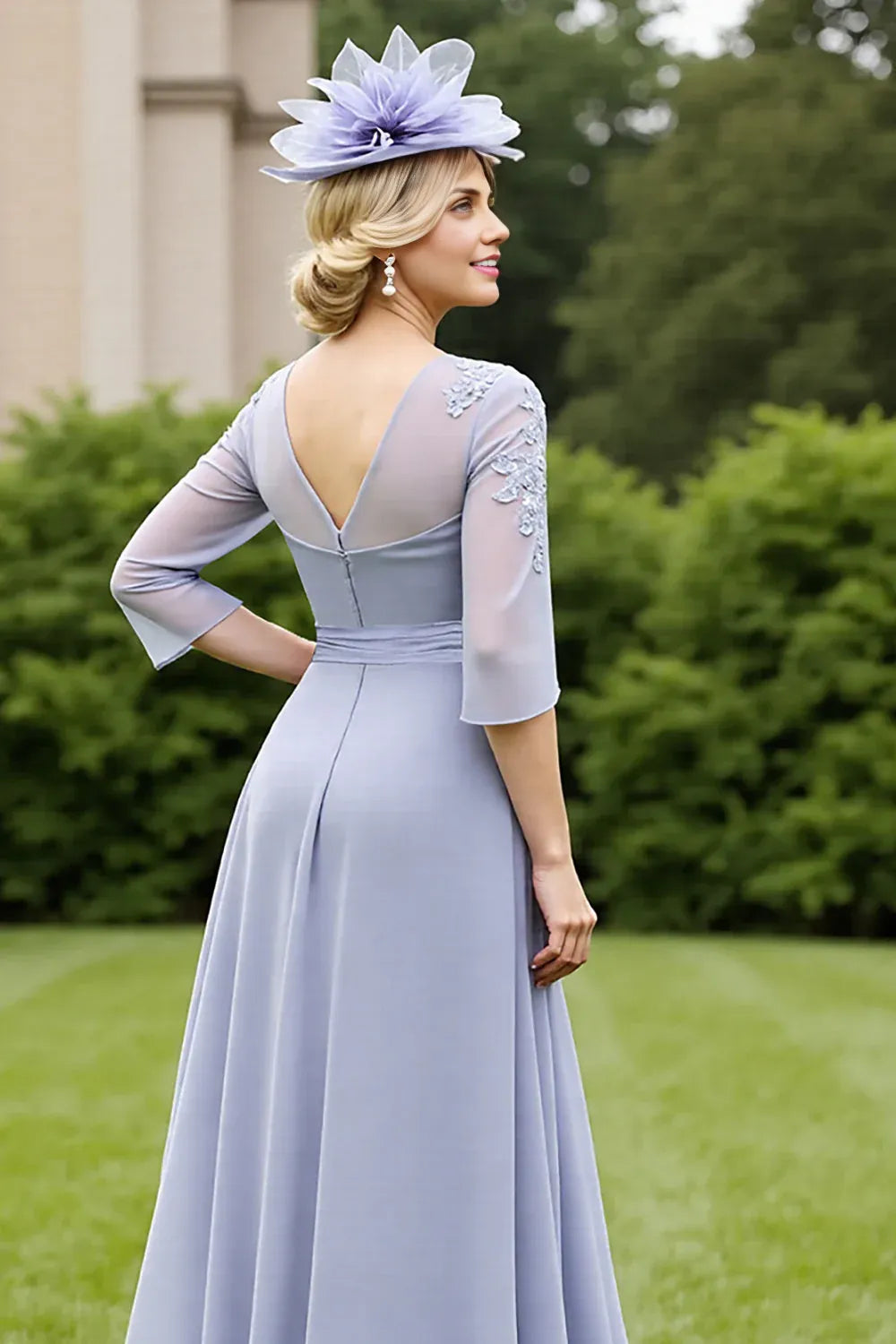 Elegant Light Blue Lace Long Sleeve Long Mother of the Bride Dress