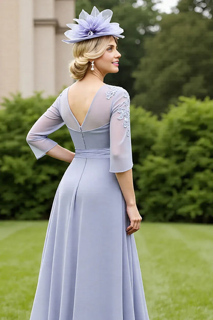Elegant Light Blue Lace Long Sleeve Long Mother of the Bride Dress