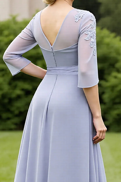Elegant Light Blue Lace Long Sleeve Long Mother of the Bride Dress