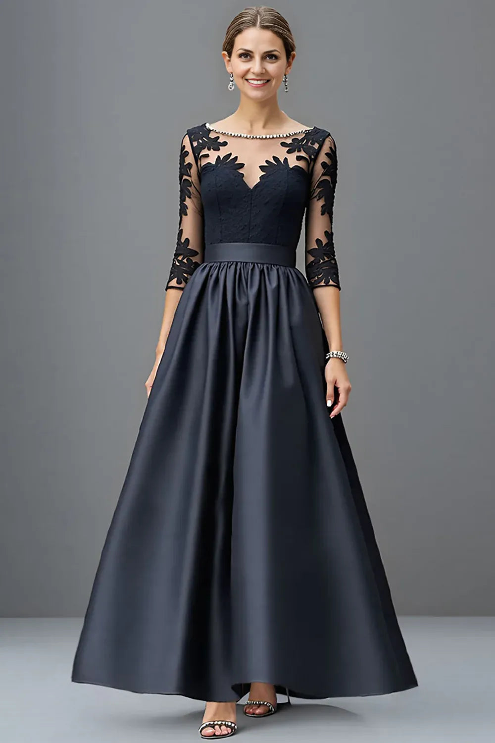 Elegant Black Satin Scoop Neck Long Sleeve Floor-Length Mother of the Bride Dress