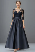 Elegant Black Satin Scoop Neck Long Sleeve Floor-Length Mother of the Bride Dress