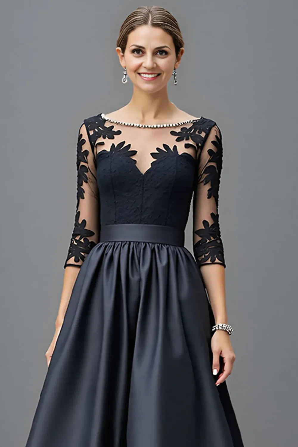 Elegant Black Satin Scoop Neck Long Sleeve Floor-Length Mother of the Bride Dress