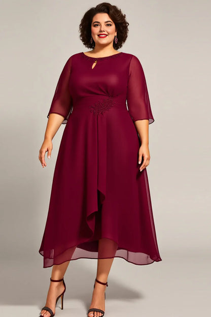 Elegant Burgundy Chiffon Scoop Neck Long Sleeve Tea-Length Mother of the Bride Dress