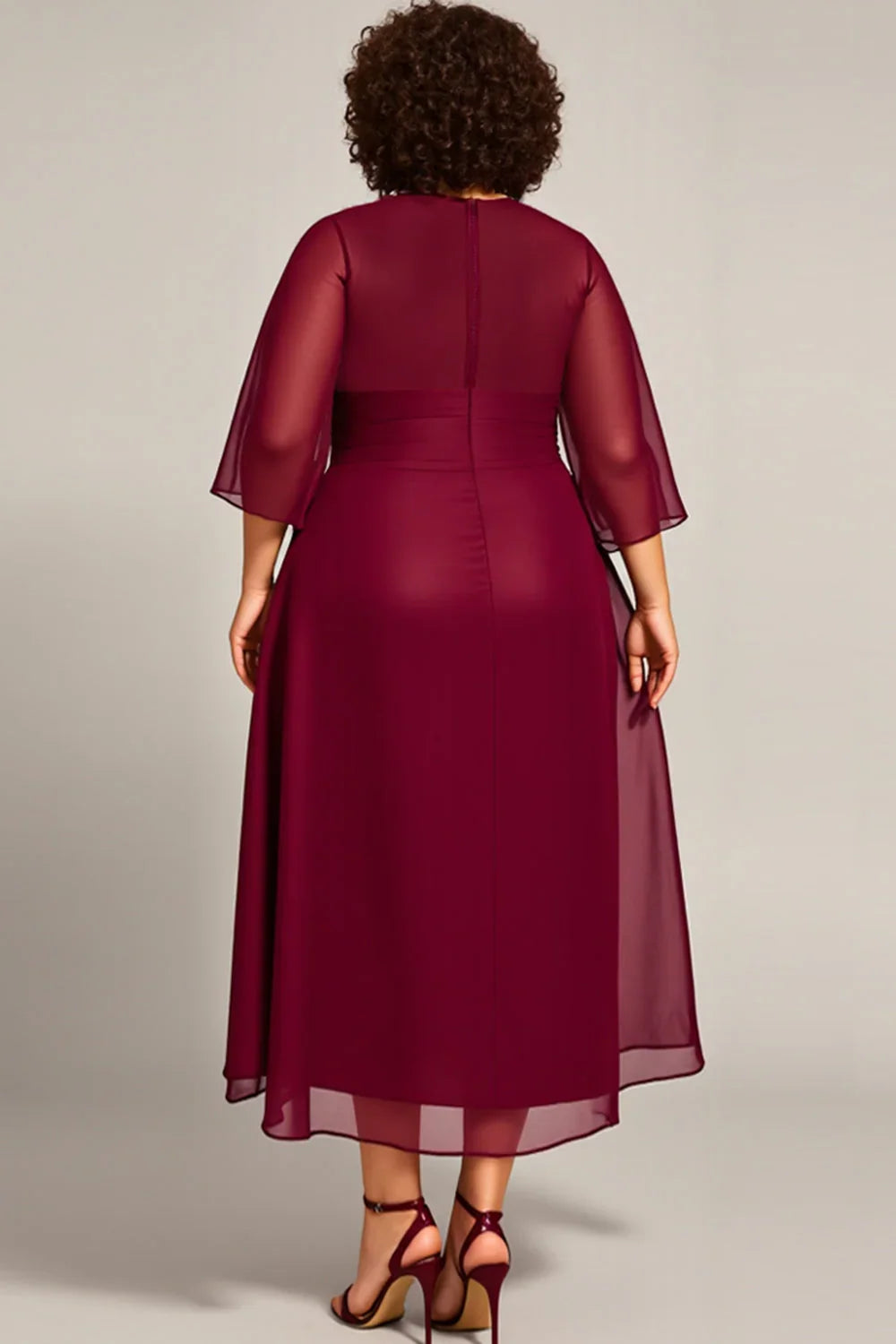 Elegant Burgundy Chiffon Scoop Neck Long Sleeve Tea-Length Mother of the Bride Dress