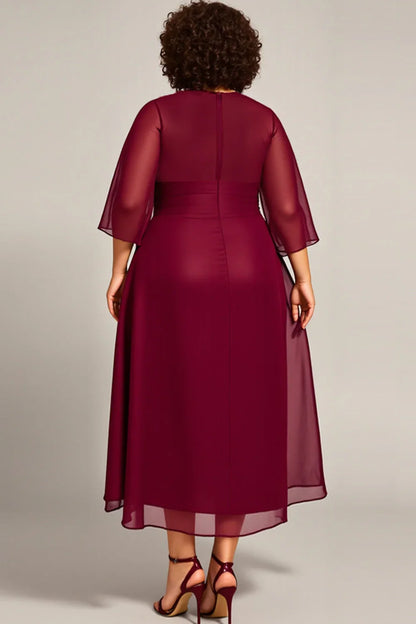 Elegant Burgundy Chiffon Scoop Neck Long Sleeve Tea-Length Mother of the Bride Dress