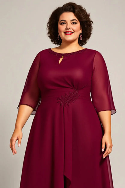 Elegant Burgundy Chiffon Scoop Neck Long Sleeve Tea-Length Mother of the Bride Dress