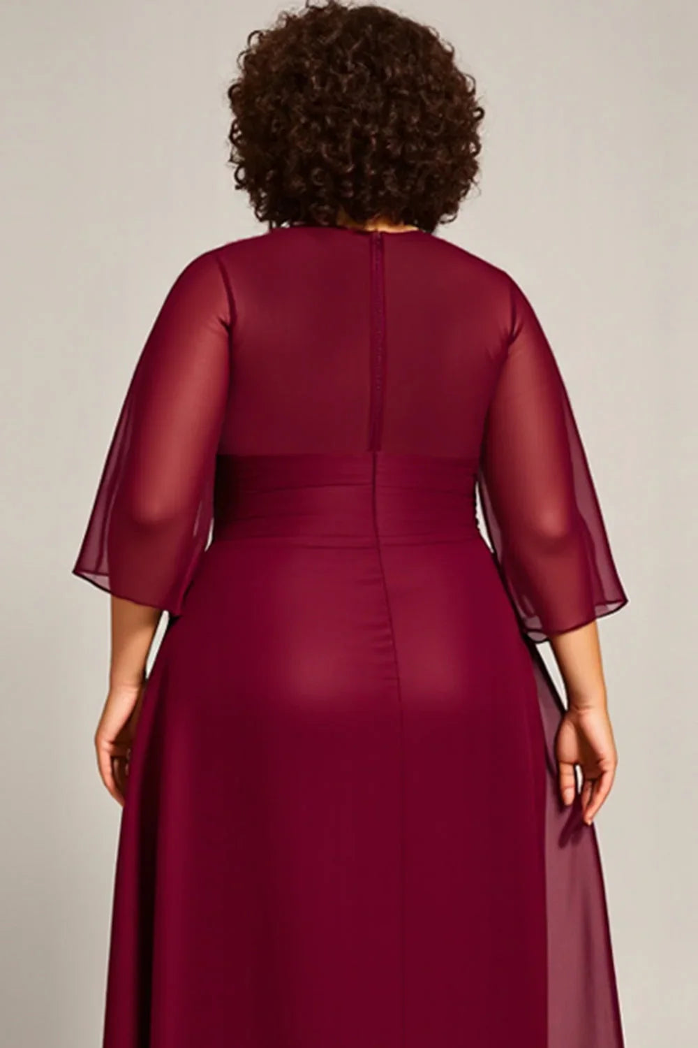 Elegant Burgundy Chiffon Scoop Neck Long Sleeve Tea-Length Mother of the Bride Dress