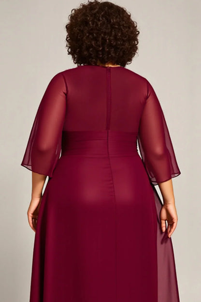 Elegant Burgundy Chiffon Scoop Neck Long Sleeve Tea-Length Mother of the Bride Dress