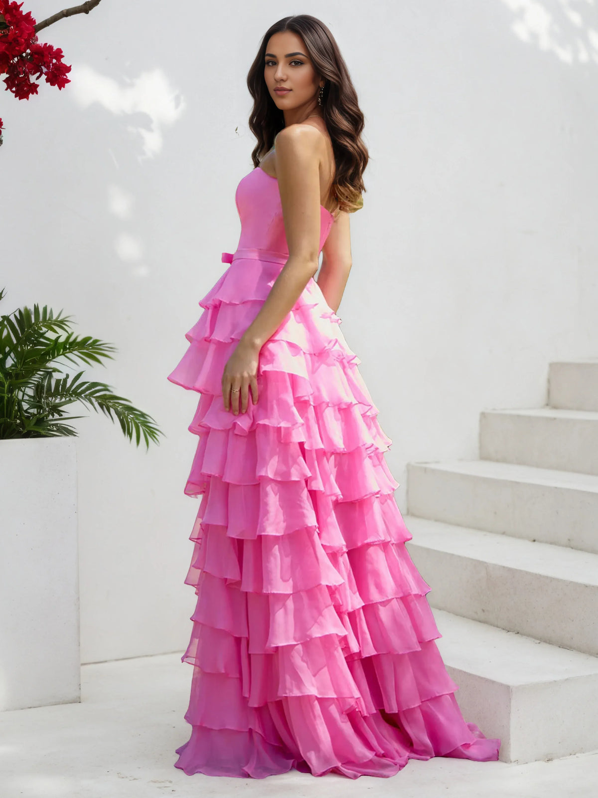 Beautiful Timeless Special Occasion Elegant Hot Pink Chiffon Strapless Sleeveless Prom Dress