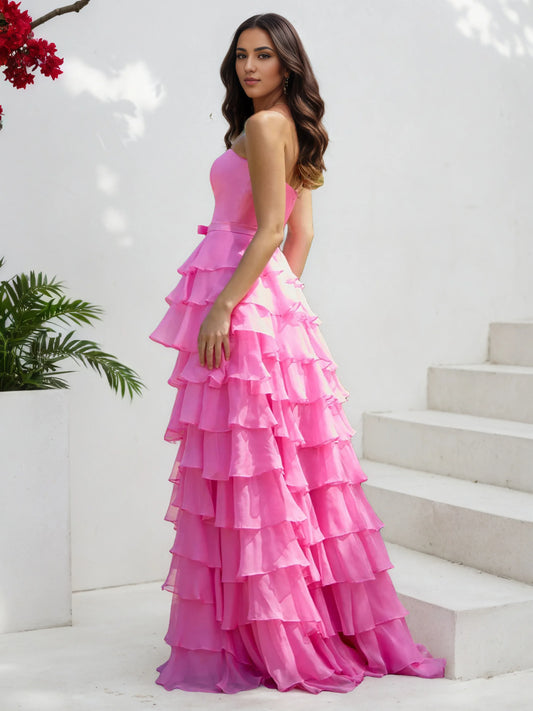 Beautiful Timeless Special Occasion Elegant Hot Pink Chiffon Strapless Sleeveless Prom Dress