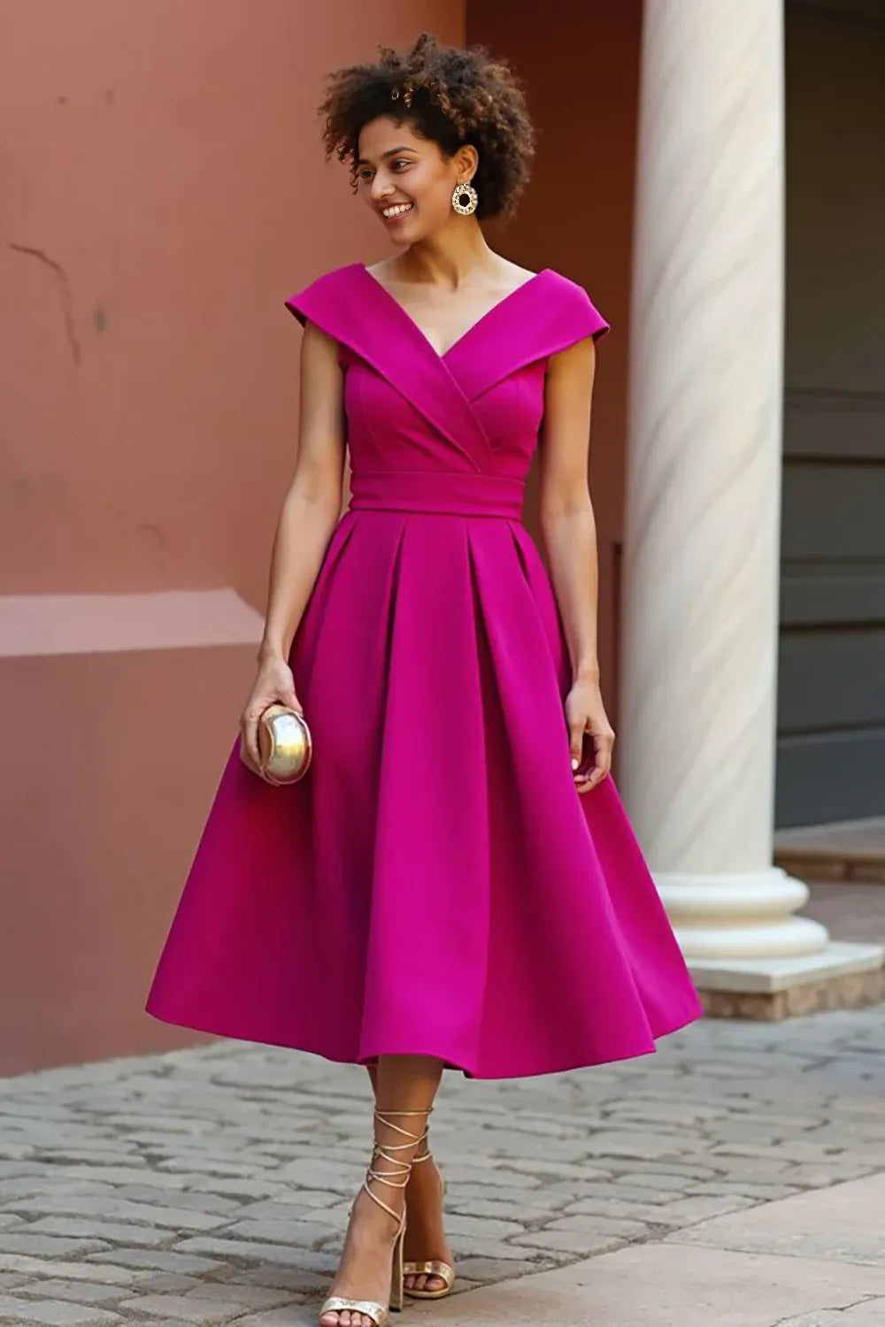 Special Occasion Sophisticated Graceful Elegant Red V-Neck Tea-Length Mother of the Bride Dress