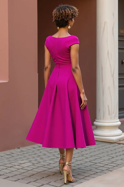 Special Occasion Sophisticated Graceful Elegant Red V-Neck Tea-Length Mother of the Bride Dress