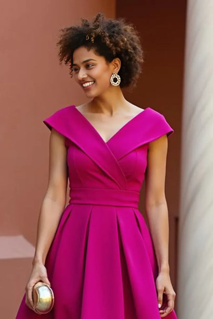 Special Occasion Sophisticated Graceful Elegant Red V-Neck Tea-Length Mother of the Bride Dress