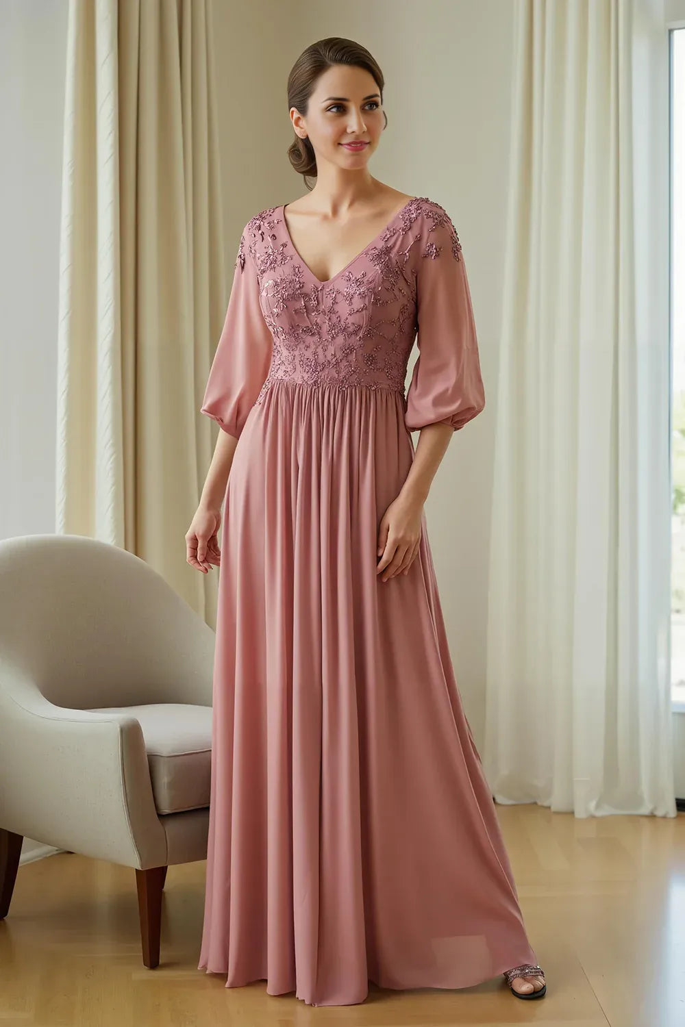 Elegant Dusty Rose Chiffon V-Neck Long Sleeve Floor-Length Mother of the Bride Dress