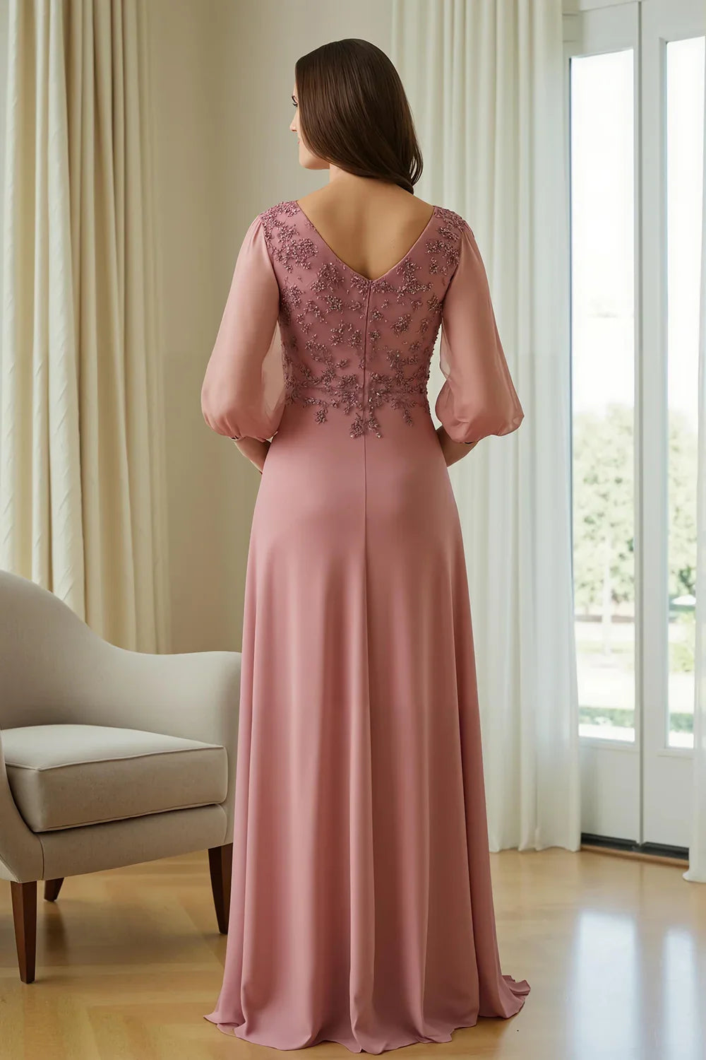 Elegant Dusty Rose Chiffon V-Neck Long Sleeve Floor-Length Mother of the Bride Dress