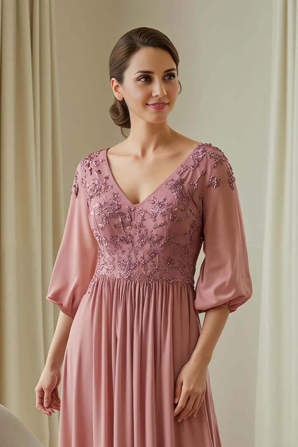 Elegant Dusty Rose Chiffon V-Neck Long Sleeve Floor-Length Mother of the Bride Dress