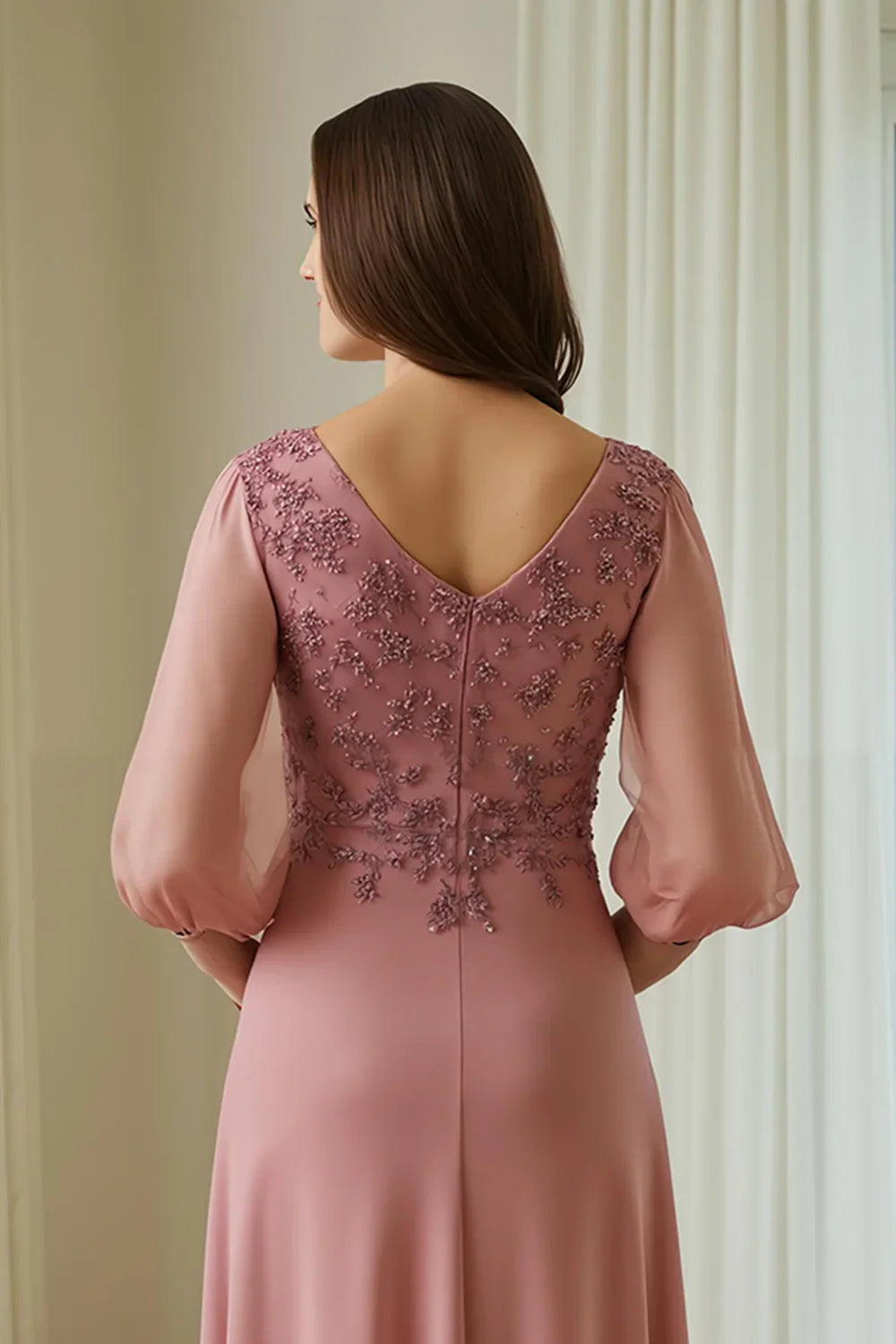 Elegant Dusty Rose Chiffon V-Neck Long Sleeve Floor-Length Mother of the Bride Dress