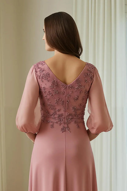 Elegant Dusty Rose Chiffon V-Neck Long Sleeve Floor-Length Mother of the Bride Dress