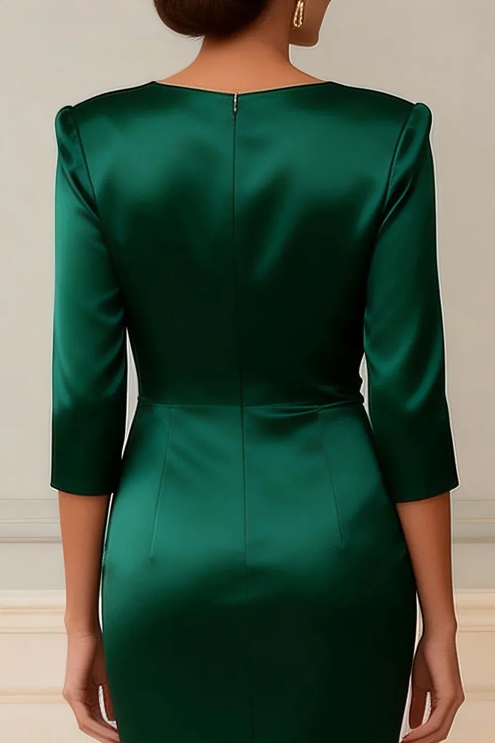 Elegant Emerald Green Satin Bodycon Long Sleeve Tea-Length Mother of the Bride Dress