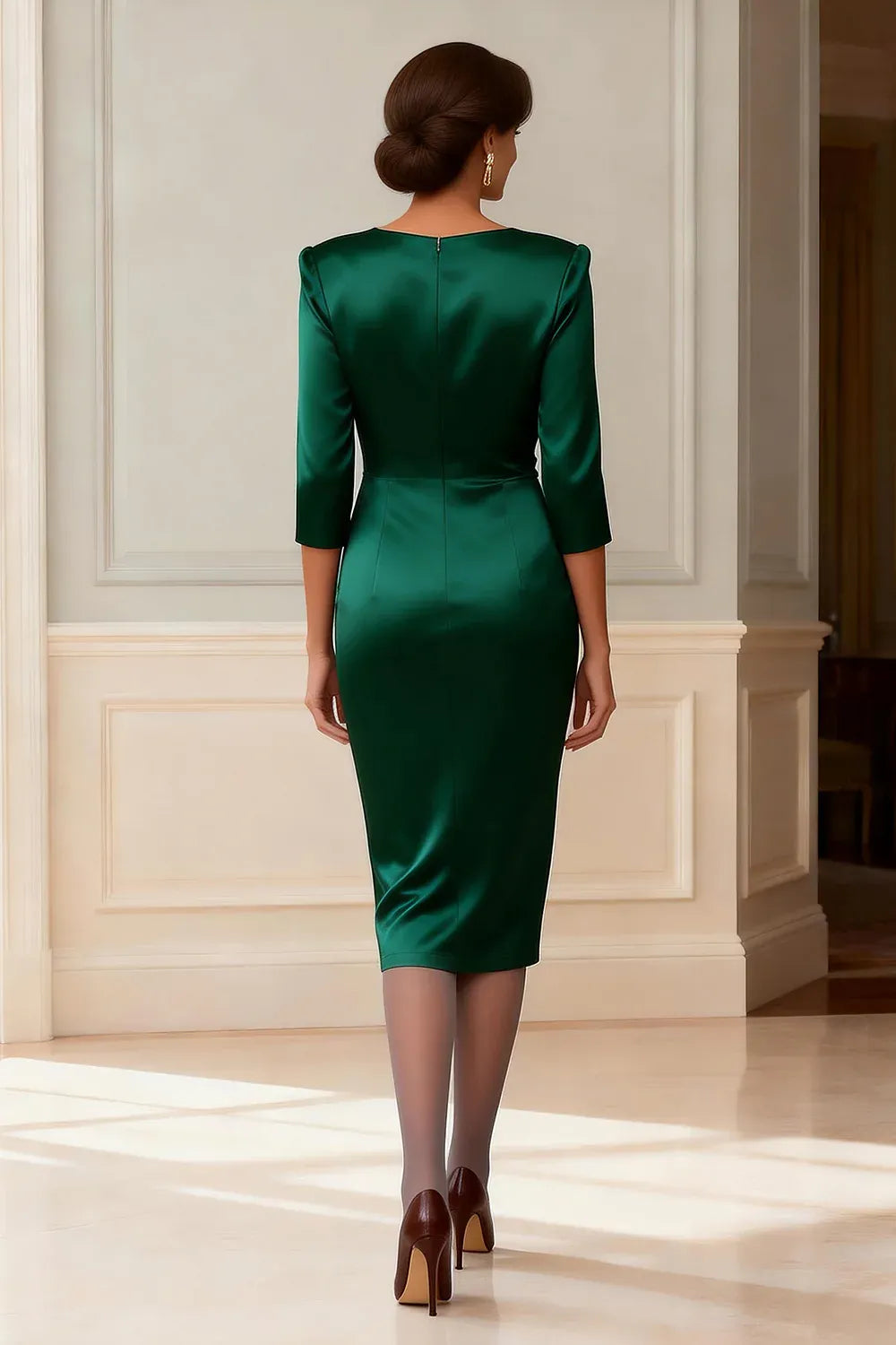 Elegant Emerald Green Satin Bodycon Long Sleeve Tea-Length Mother of the Bride Dress