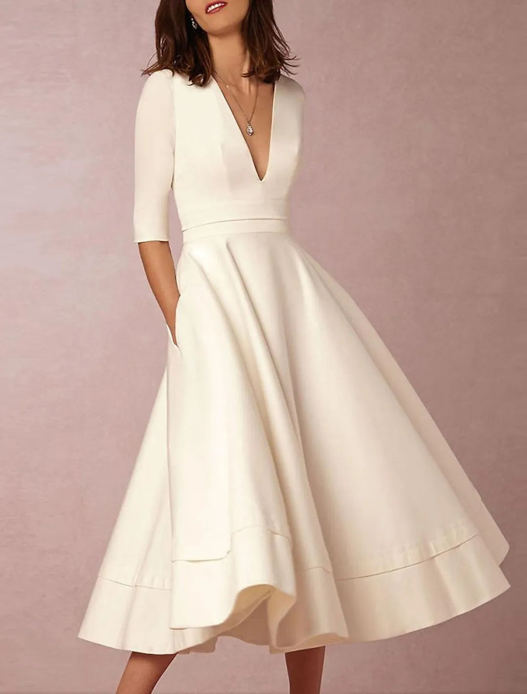 Midi Wedding Gown Deep V - Neck Elbow Sleeves Flared Skirt for a Timelessly Stylish