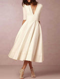 Midi Wedding Gown Deep V - Neck Elbow Sleeves Flared Skirt for a Timelessly Stylish