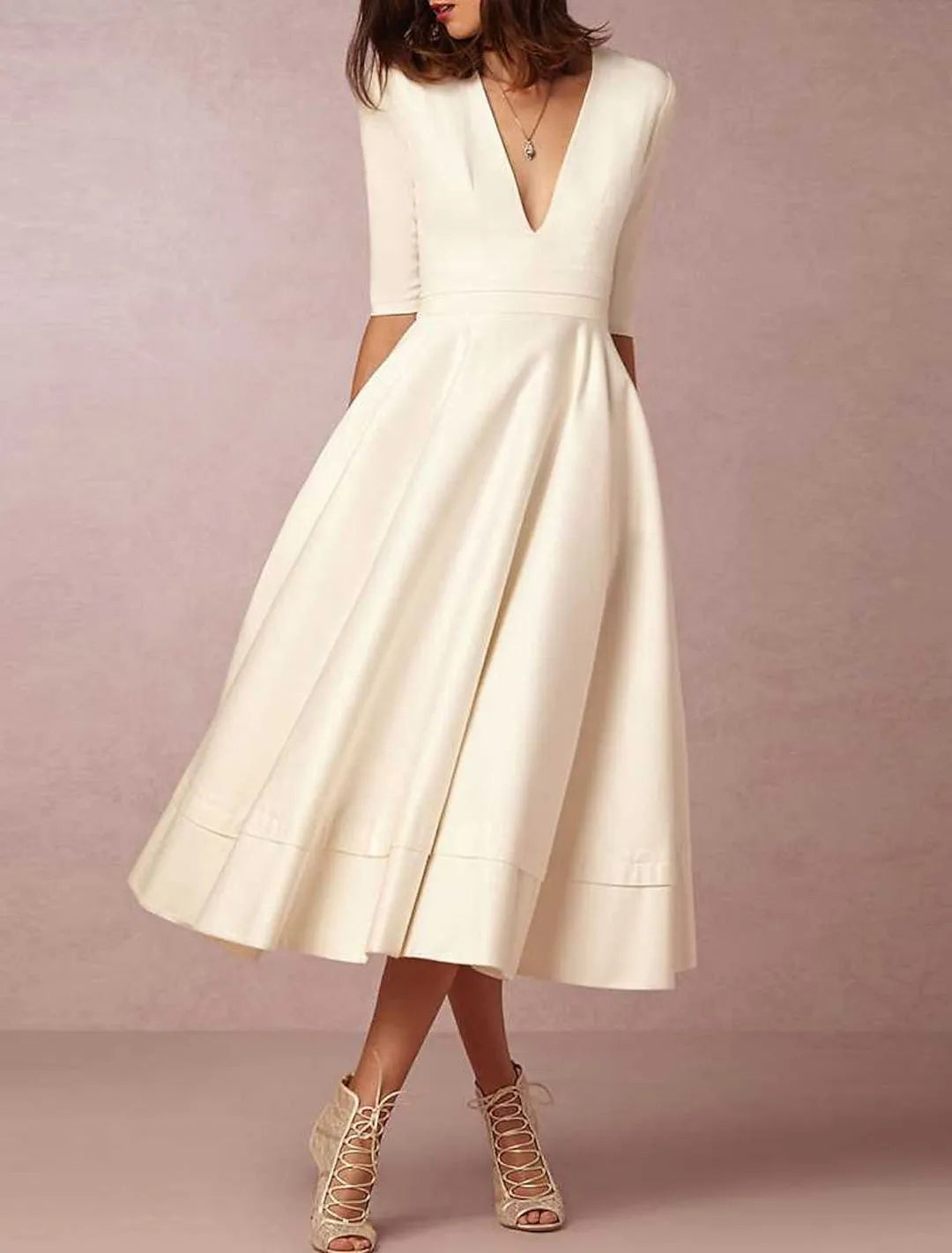 Midi Wedding Gown Deep V - Neck Elbow Sleeves Flared Skirt for a Timelessly Stylish