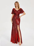 Refined Beautiful Elegant Red Sequins Sheath V-Neck Short Sleeve Floor-Length Prom Dress