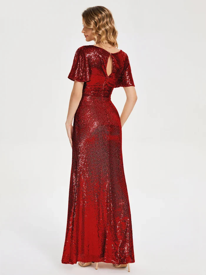 Refined Beautiful Elegant Red Sequins Sheath V-Neck Short Sleeve Floor-Length Prom Dress