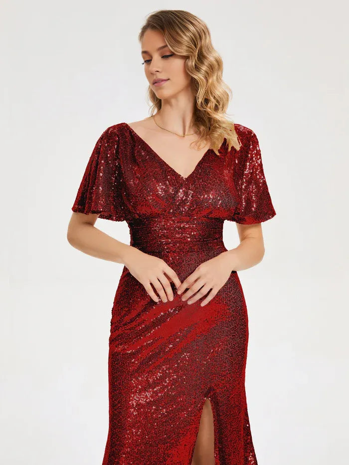 Refined Beautiful Elegant Red Sequins Sheath V-Neck Short Sleeve Floor-Length Prom Dress
