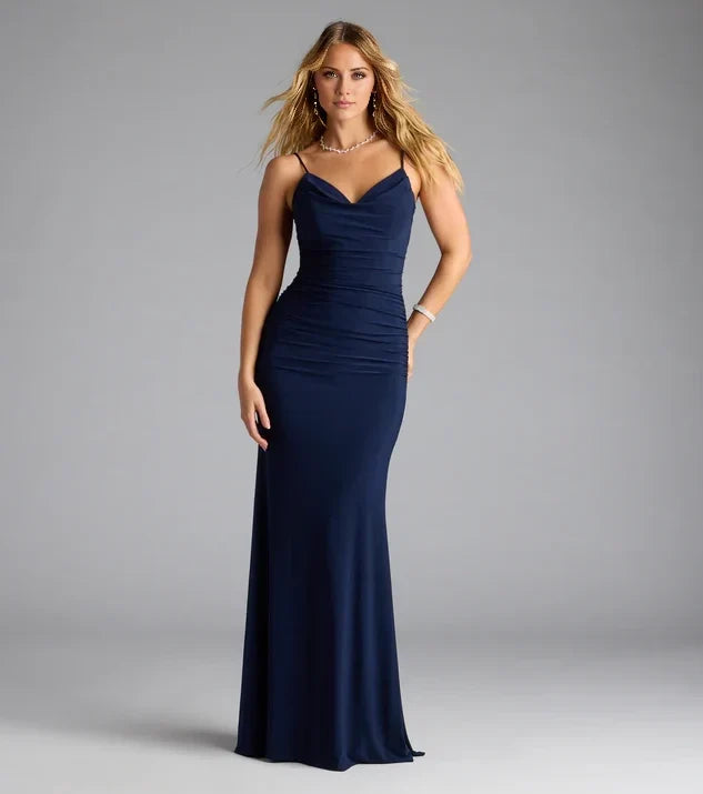 Chic Mermaid Cowl Spaghetti Straps Tie Back Long Evening Dress