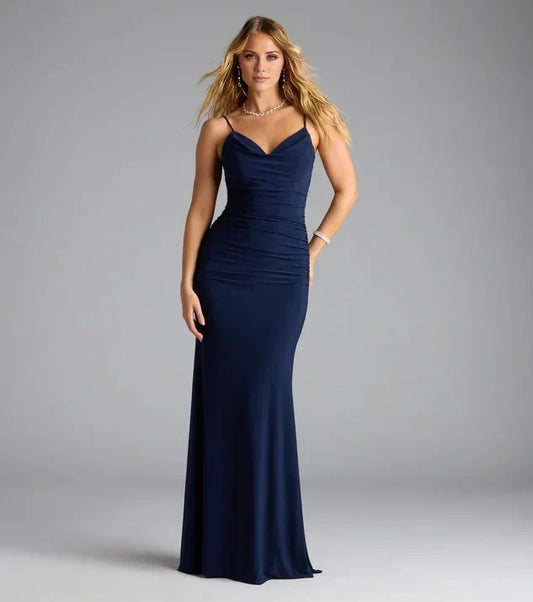 Elegant Navy-Blue Mermaid V-Neck Sleeveless Open-Back Mini-Length Prom Dress