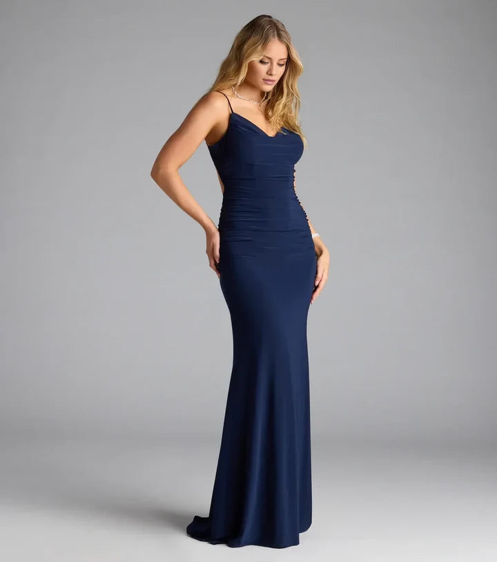 Chic Mermaid Cowl Spaghetti Straps Tie Back Long Evening Dress